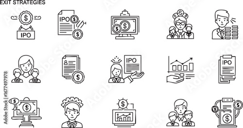 Exit strategies icons set, depicting various business and financial concepts related to selling a company or its assets