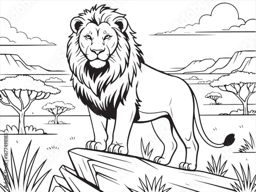 Wild lion on a rocky outcrop in the heart of the African savannah.