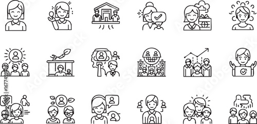 Set of business and management thin line icons collection of outline corporate and office symbols teamwork, meeting, presentation, discussion, planning, and training concept