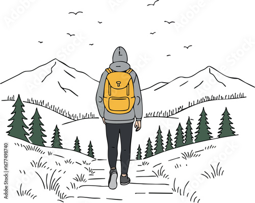 Hiker with yellow backpack walking on mountain trail surrounded by pine trees and birds flying in natural landscape vector illustration 