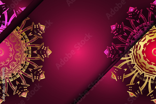 mandala split into glowing pink and golden halves intricate symmetrical kaleidoscopic design with deep purple and magenta hues for meditation yoga and wall art