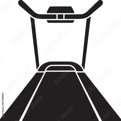 A black and white graphic of a treadmill with handlebars and a display screen on a white background