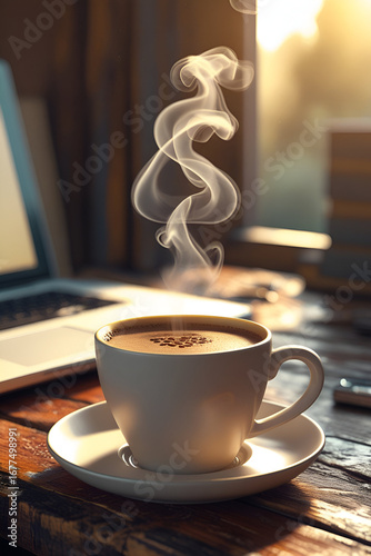 Morning Coffee on Wooden Desk with Laptop – Lifestyle Stock Photo