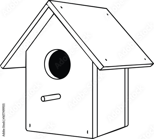 Simple wooden birdhouse vector illustration with pitched roof and circular entrance hole for outdoor bird shelter 