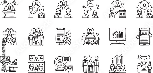 Set of black linear icons for business, human resources and job search contains such icons as team, leader, meeting, presentation and more