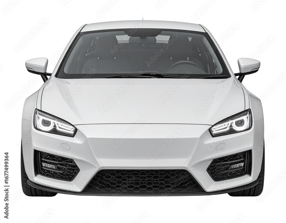 Naklejka premium White Sports Car Front View with Headlights On, Isolated on White Background