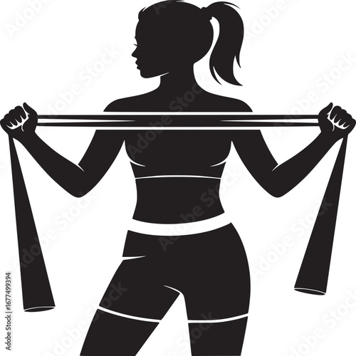 Silhouette of a woman exercising with a resistance band in a fitness pose on a white background