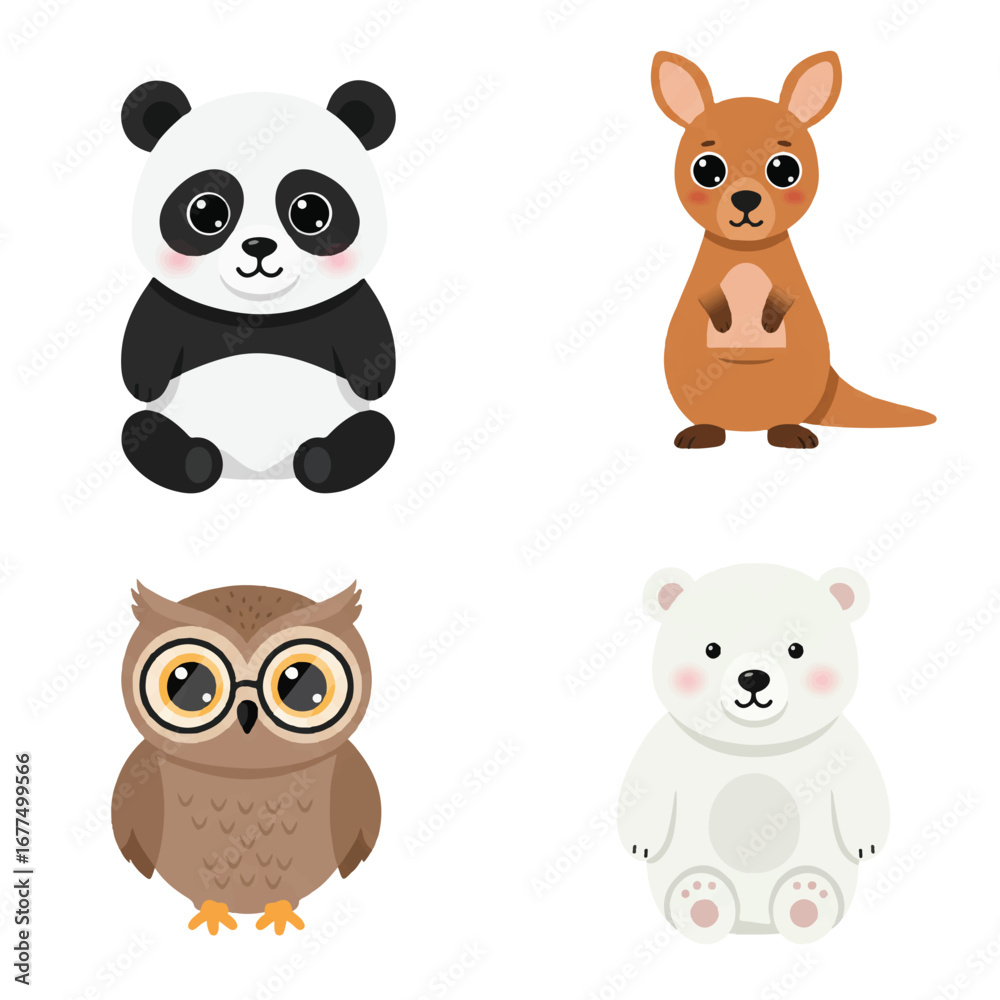 Fototapeta premium Cute flat 2D vector cartoon world animals, a charming set featuring diverse fauna like a lion, elephant, and giraffe, cheerfully isolated on a clean white background.