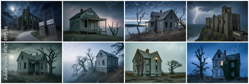 Haunted houses and castle under stormy skies abandoned