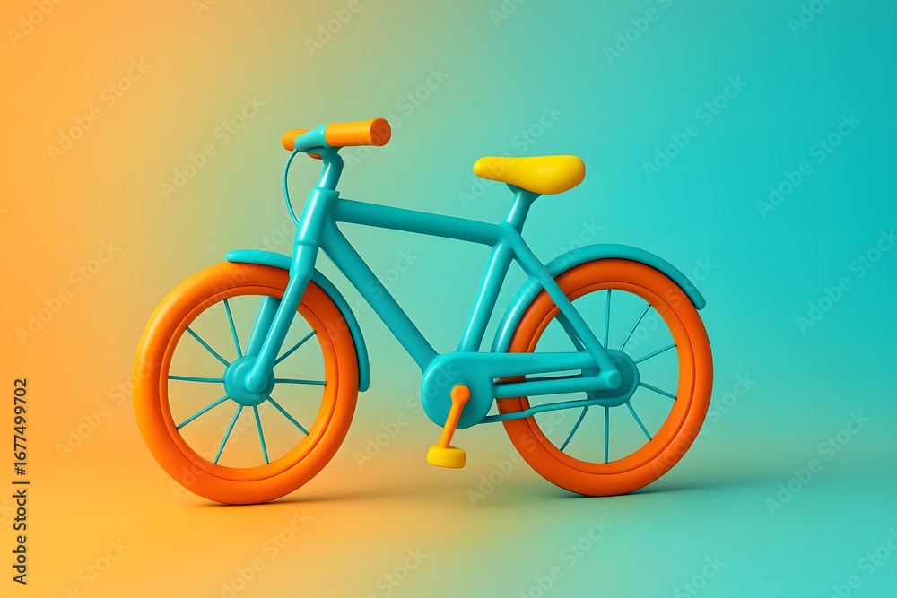 Fototapeta premium 3D clay bicycle with teal frame, orange tires, and yellow saddle, studio lighting, gradient background, for transportation campaigns, fitness promotions, and sustainable travel visuals.