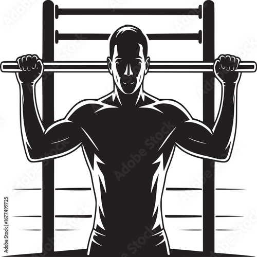 A muscular man holding onto a pull up bar in black and white vector illustration fitness concept