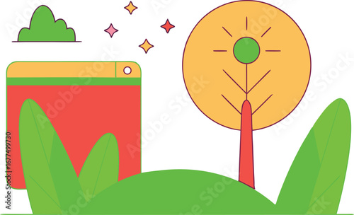 Vibrant cartoon illustration of a digital webpage with nature elements like grass trees and stars creating a whimsical and modern design concept perfect for web design