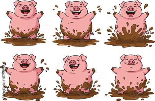 Cartoon pigs getting muddy, playful farm animals, expressive piglet sequence, animated behavior, mud splashes, character progression, fun illustration