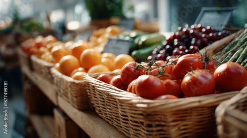 Fresh produce in woven baskets, a display of vibrant fruits and vegetables.