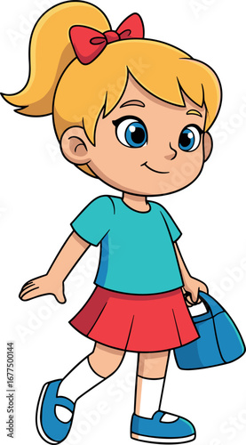 Cartoon blonde girl walking with handbag, wearing turquoise shirt and red skirt, children’s character illustration for education, fashion, lifestyle, storytelling themes