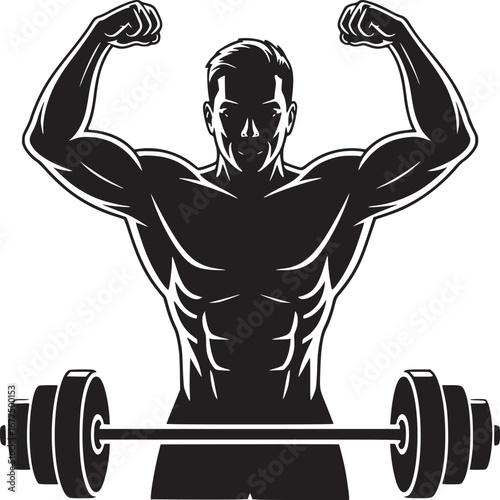 A muscular man flexing his biceps with a barbell in black and white vector illustration style image