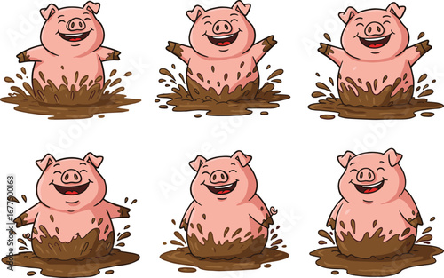 Cartoon pigs jumping in mud, playful farm animals, expressive piglets, muddy splashes, animated behavior, joyful poses, fun illustration