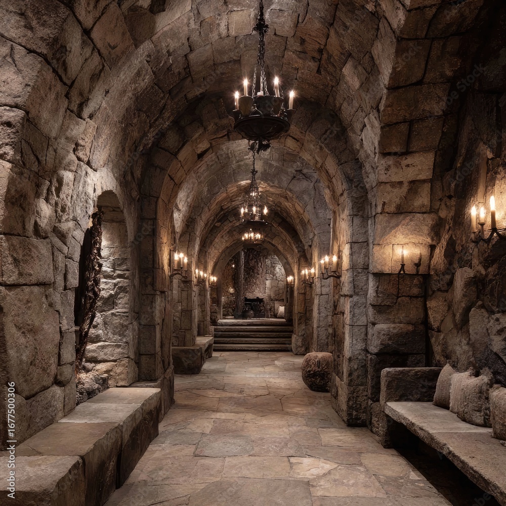 Obraz premium A long, arched stone hallway with candlelit chandeliers, stone benches, and a raised platform at the far end. The walls are rough-hewn, and the atmosphere is dark and mysterious