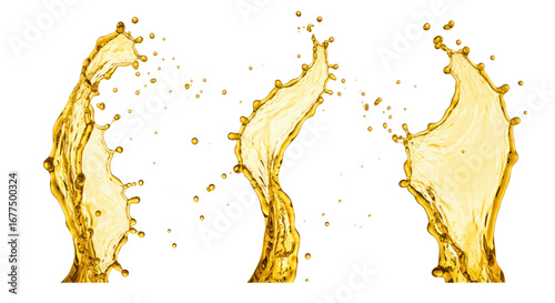 Three distinct golden-yellow liquid splashes with intricate droplets and fluid trails captured mid-air against a transparent studio background, isolated, photorealistic commercial advertising