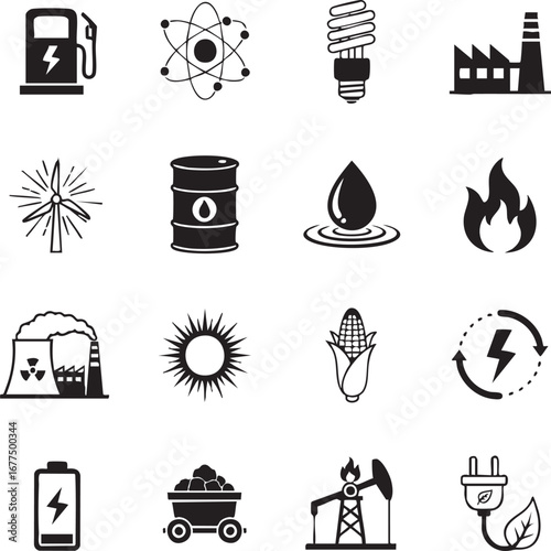 Energy sources and industry icons set, including gas, atom, bulb, factory, wind, barrel, oil, drop, fire, nuclear, sun, corn, recycle, battery, coal, mine, pump, and plug