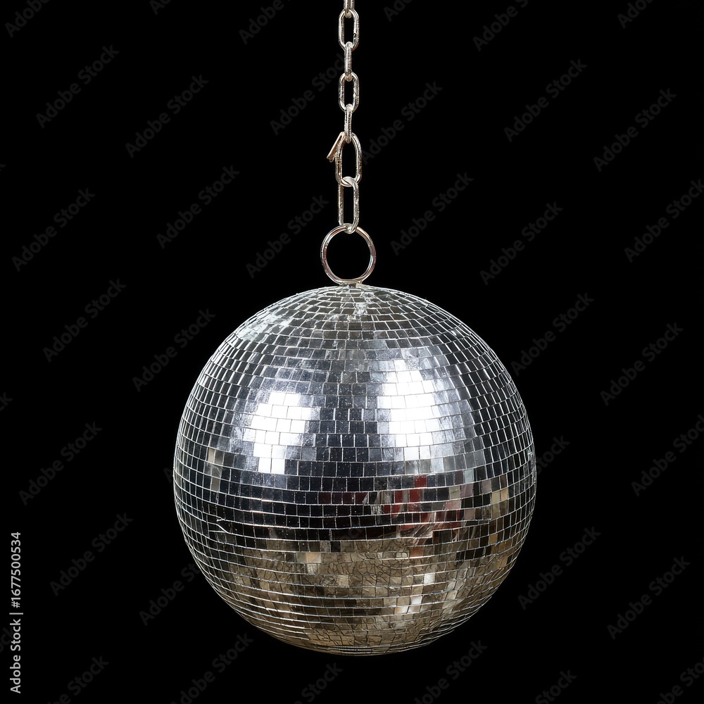 Obraz premium A reflective disco ball hangs against a dark background, showcasing its mirrored surface and chain.
