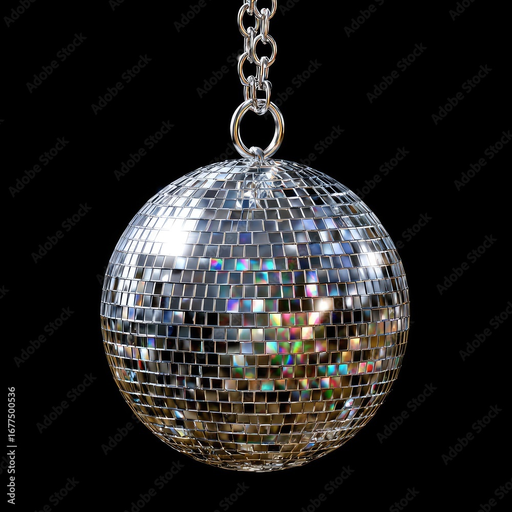 Obraz premium A reflective disco ball, shimmering with vibrant colors, hangs from a metallic chain against a dark backdrop.