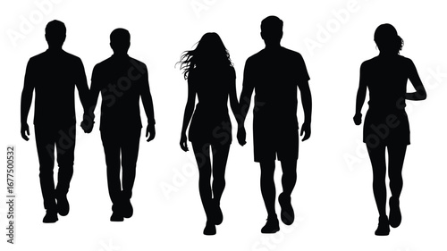 Silhouettes of Two Couples Walking and Running – Monochromatic Black and White Vector Illustration – Perfect for Lifestyle Design, Relationship Themes, Fitness Concepts, and Urban Scene Projects