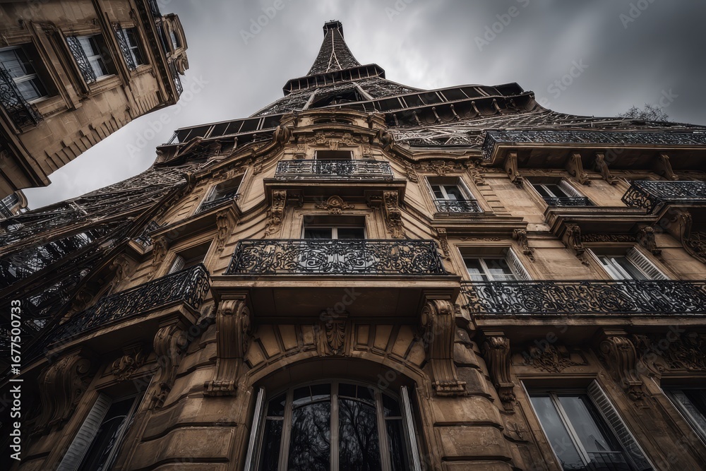 Obraz premium Dramatic Low-Angle View of Parisian Building, Cloudy Sky, Architectural Details, Perspective.