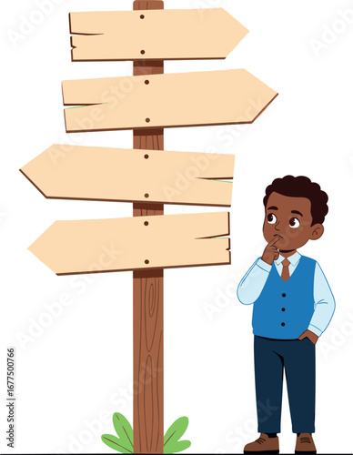 Cartoon businessman thinking at blank wooden signpost, multiple direction choices, decision making concept, career path options, business planning, future opportunities