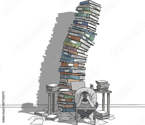 A stressed student sits at a desk under a huge pile of books, feeling overwhelmed by the burden of education, homework, and exams, depicted in a vintage illustration