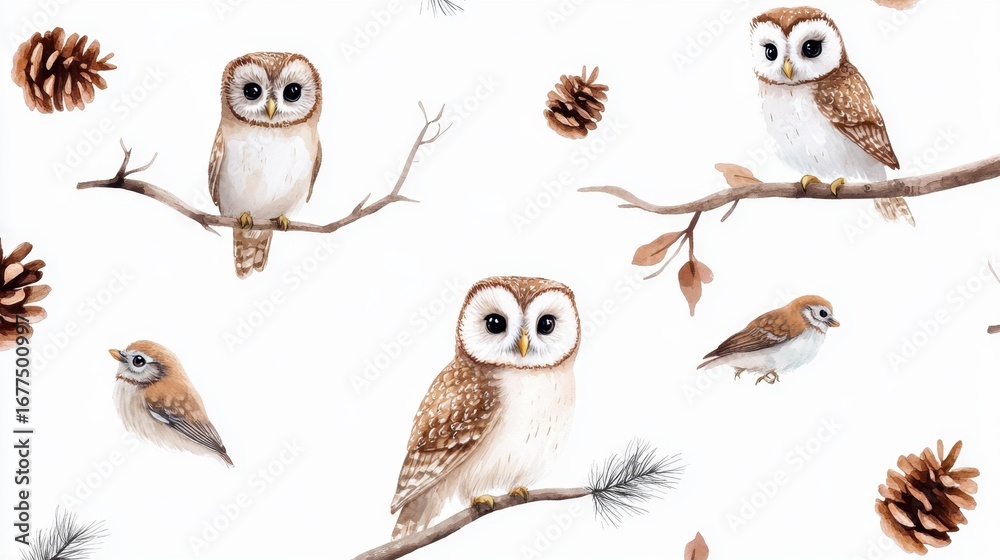 Fototapeta premium Seamless woodland pattern with owls, pinecones, birds and branches in watercolor