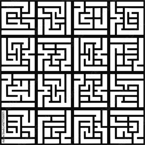 Sixteen square maze patterns arranged in a grid format with black lines and white spaces in each maze