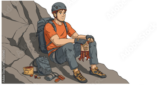Illustration of a male rock climber taking a restful break on a mountain ledge, holding a traditional good luck charm for safety