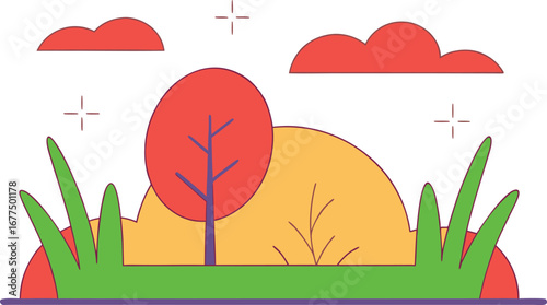 Whimsical landscape with stylized trees clouds and grass evoking a feeling of peace and tranquility in nature showcasing simplicity in art
