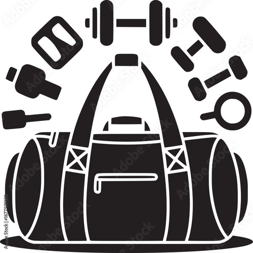 A black and white illustration of a gym bag with weights and other workout equipment around it