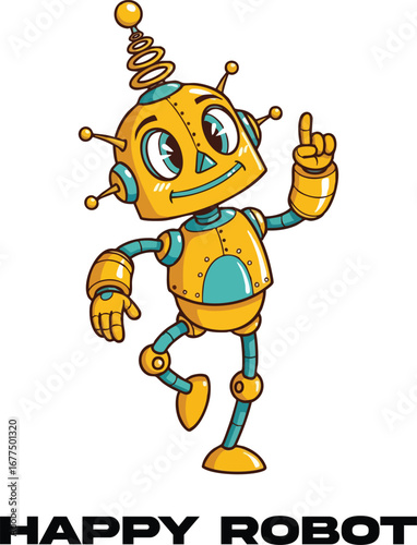 Happy robot cartoon character, a cheerful illustration of future technology, automation, and artificial intelligence in a fun and friendly design