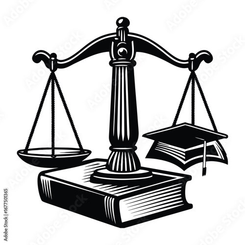 A sleek silhouette of a balanced law scale symbolizes justice and learning, perfect for representing legal education, fairness, and the pursuit of knowledge.
