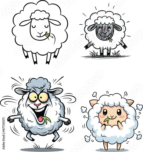 Cartoon sheep expressions, artistic styles, emotional characters, cute farm animals, green leaf detail, animated livestock, sketch art, playful illustration