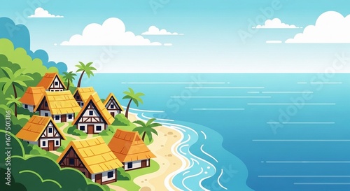 Charming island village with traditional thatched-roof houses nestled on a lush green hillside overlooking a tropical ocean.