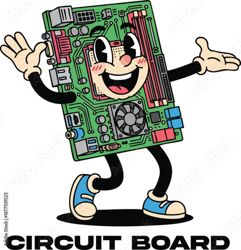 Cartoon circuit board character a retrostyle illustration of technology and innovation, perfect for adding a fun and engaging element to your design projects