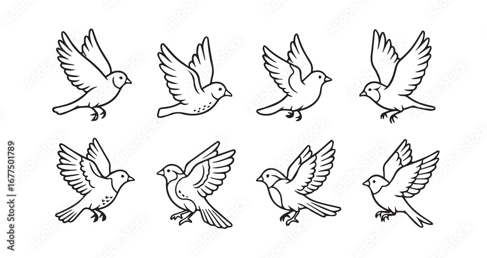Obraz premium Birds flying line art icon bundle illustration