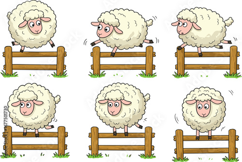 Cartoon sheep jumping, motion sequence, fence leap animation, playful farm animal, cute character, bedtime theme, kids illustration, story panel