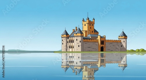 Majestic fairytale castle reflected in calm water under a bright blue sky, evoking fantasy and history.