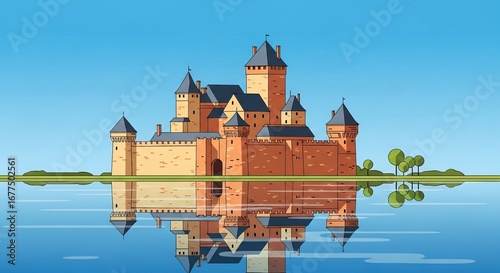Majestic cartoon castle reflected in calm blue water under a clear sky with green trees on the shore