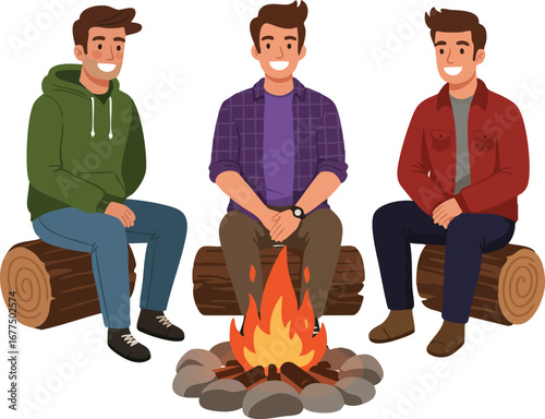 Three young men sitting around campfire on logs enjoying outdoor relaxation and friendship vector illustration 