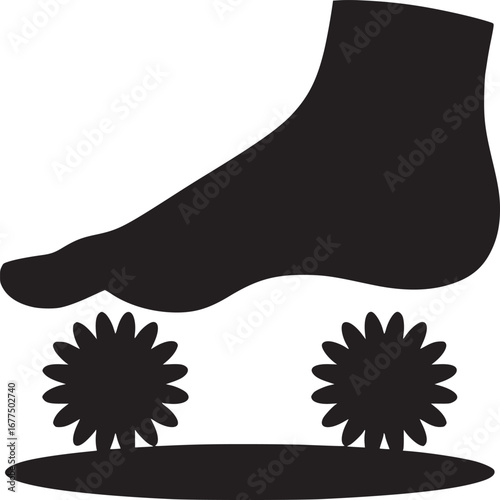 A black silhouette of a foot above two flower shapes on a black ground against white background
