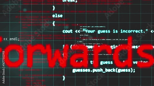 Abstract programming code interface with red text and green grid, depicting a cybersecurity or hacking theme. Ideal for tech, data, digital crime, or futuristic concepts