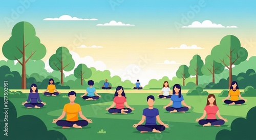 Diverse group of people meditating peacefully in a serene park setting during a sunny day.