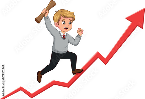 Cartoon person running up red arrow, blonde hair, grey sweater, holding diploma, joyful expression, success concept, growth, achievement, motivational character design