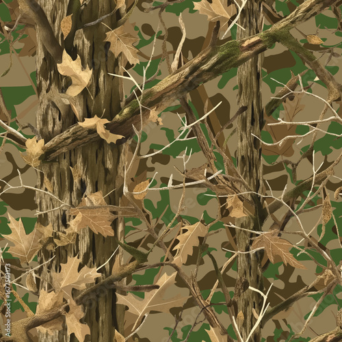 Ultra-detailed real tree camouflage seamless pattern with bark, leaves, and branches for fabric, hunting, and design.